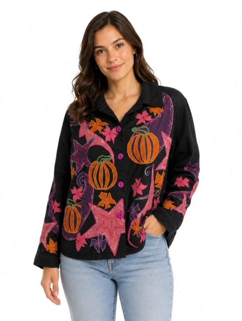 Hona To Be Women's Black Embroidered Pumpkin & Star Jacket